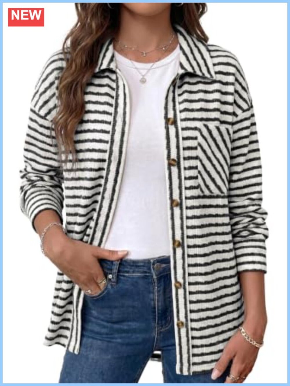 Long Sleeve Striped Shacket Jacket Women Casual Button Up Coat